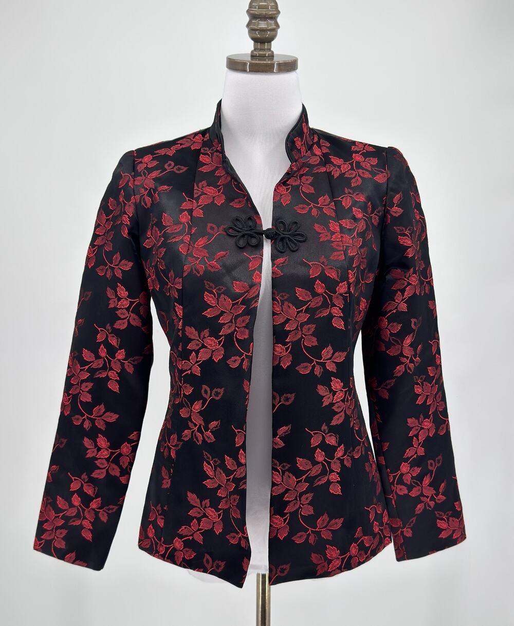 Vintage Jeanette Kastenberg Red Black Leaf Print Asian Style Blazer Jacket Sz 8